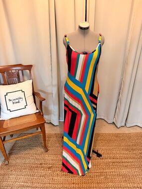 Caché XL Multicolor Geometric Maxi Dress Gold Hardware Straps
